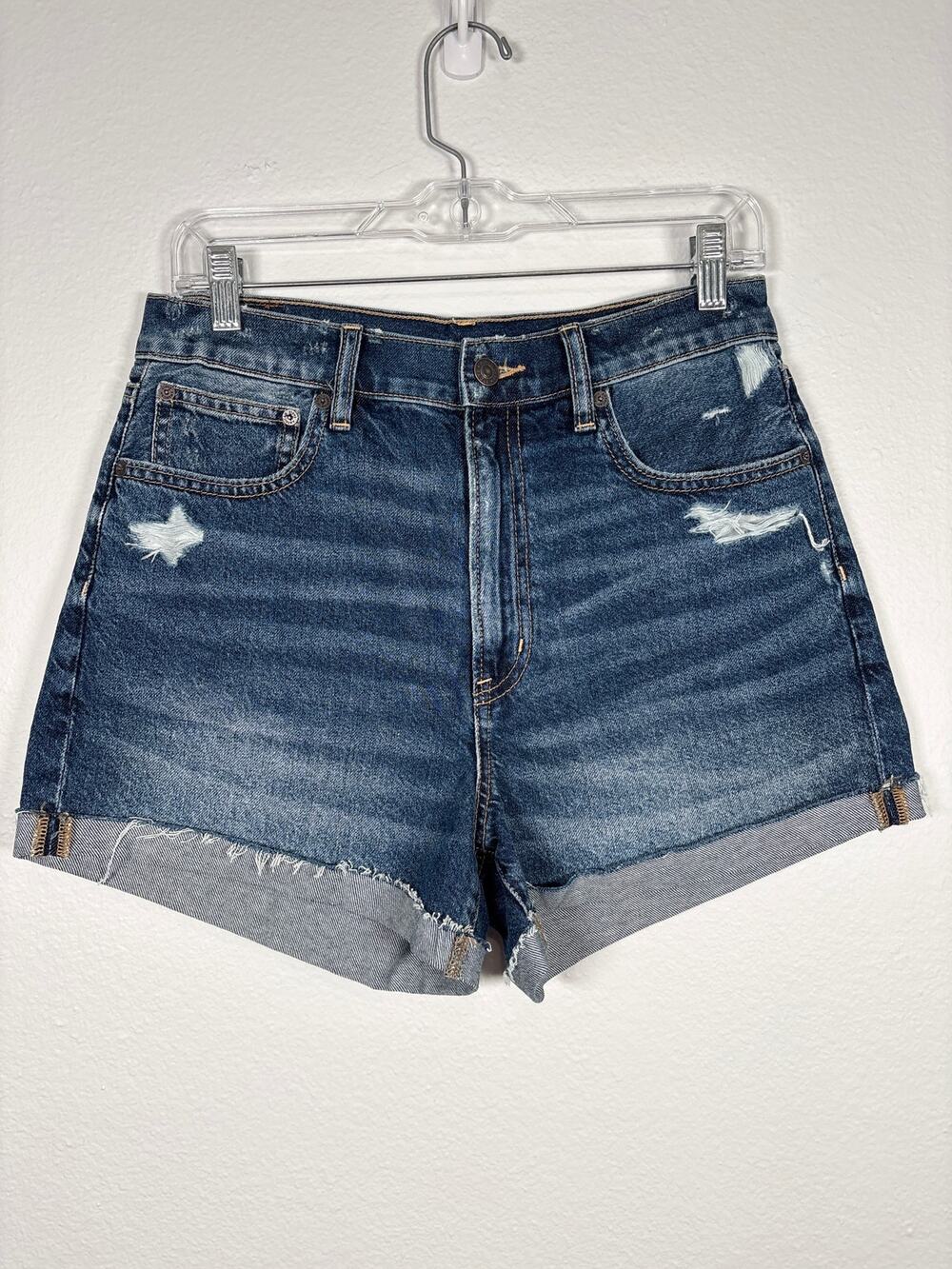 American Eagle Dark Wash Distressed Cuffed Hem Highest Rise 90s Boyfriend Shorts